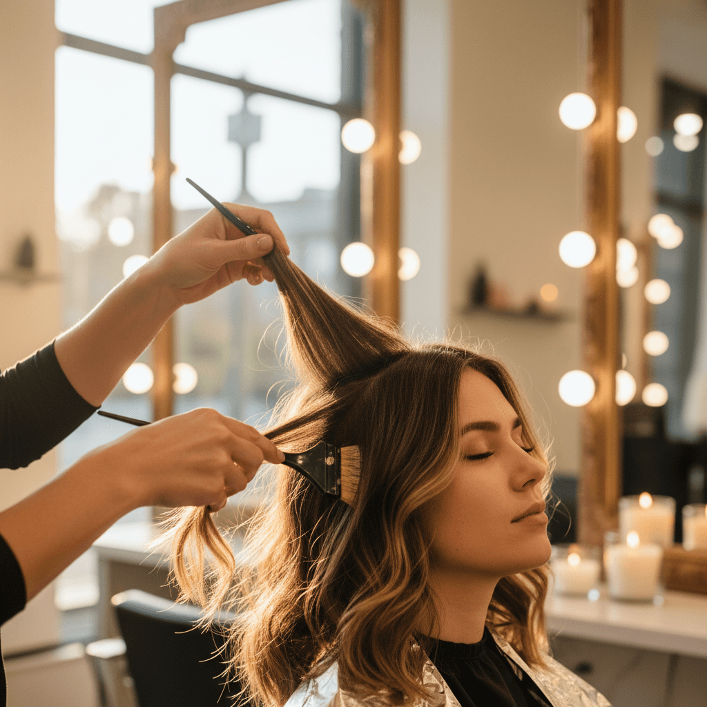 Stylist applying balayage technique to client's hair